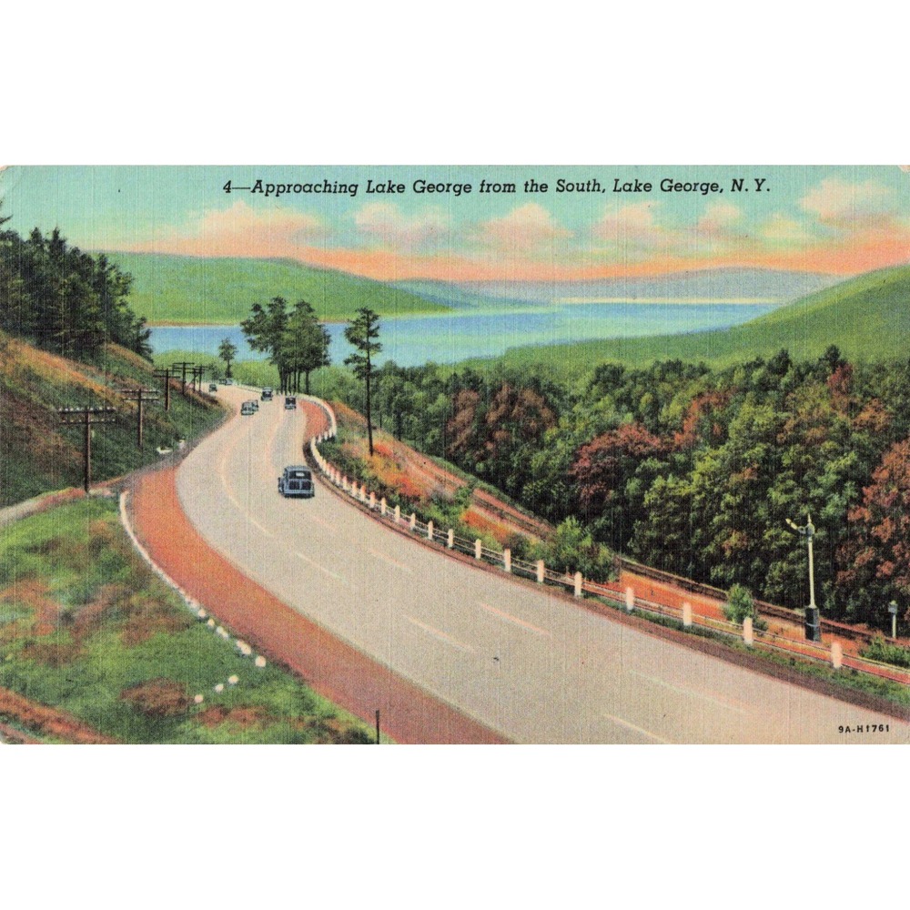 Vintage Lake George NY Linen Postcard Approaching from South 1951 Postmark VG